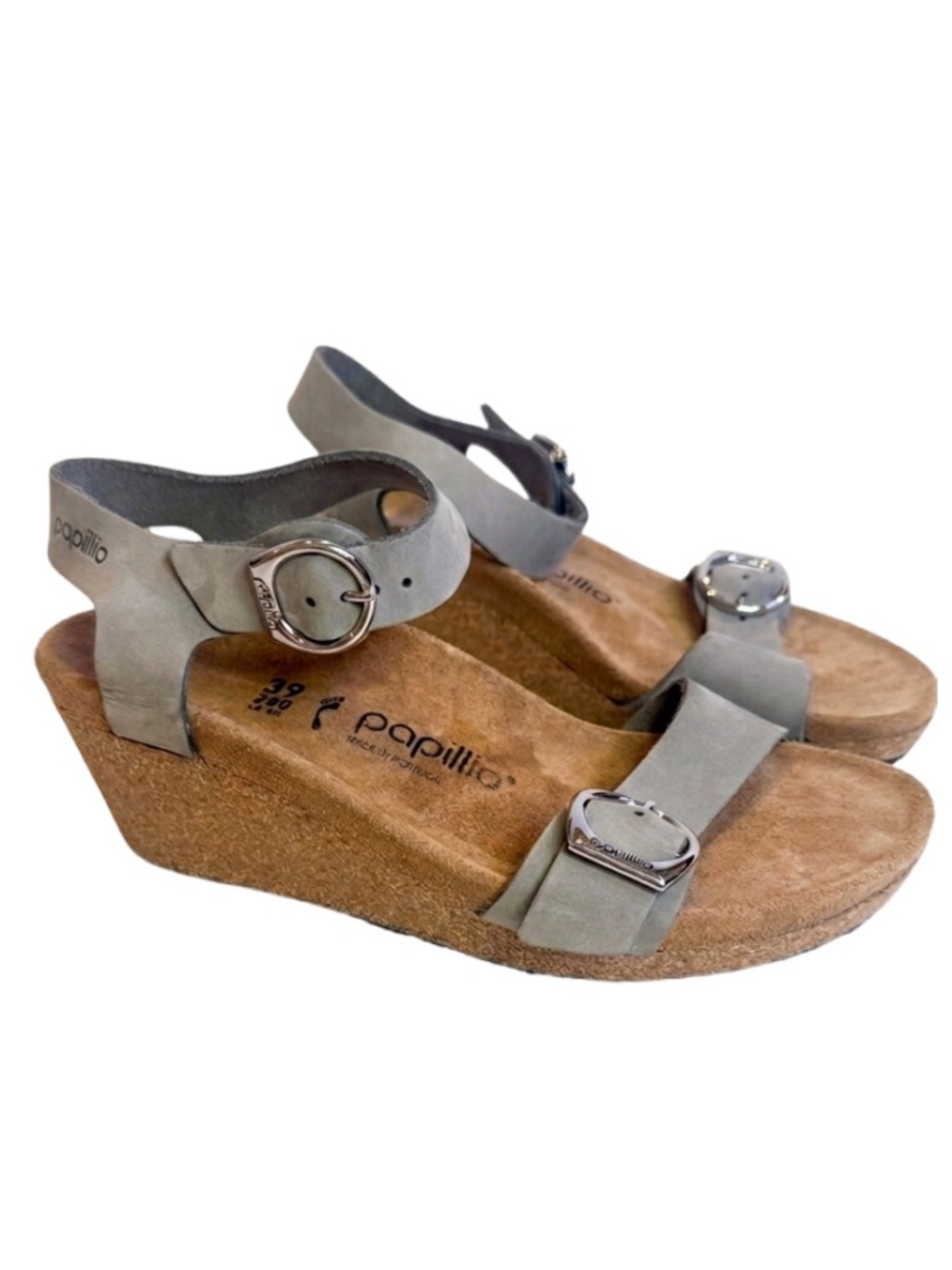 Papillio Birkenstock Soley Wedge Sandal Dove Grey Nubuck Cork EU 39 US 8 NWOB